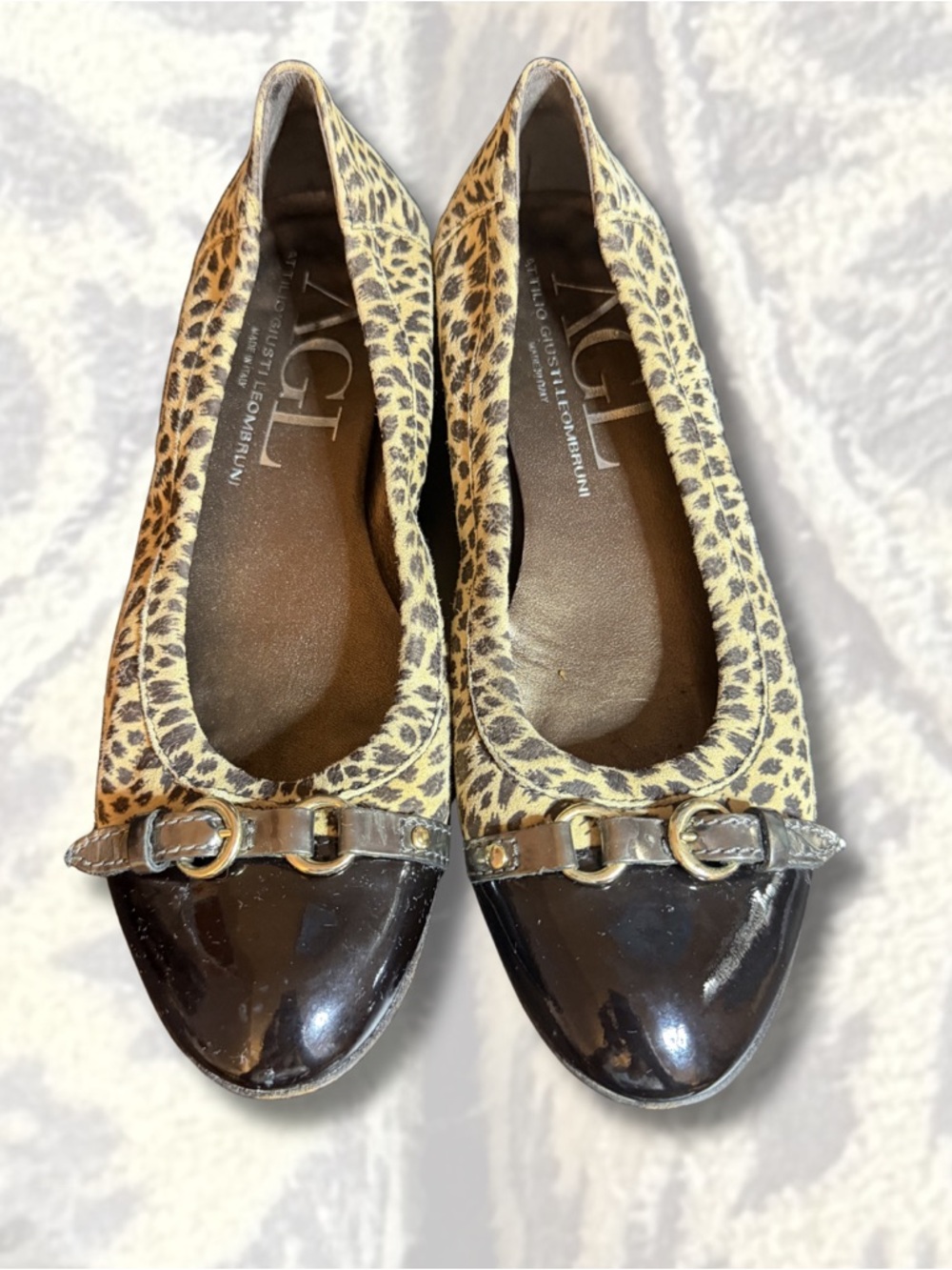 AGL Leopard-Print Leather Ballet Flats with Brown Patent Cap Toe